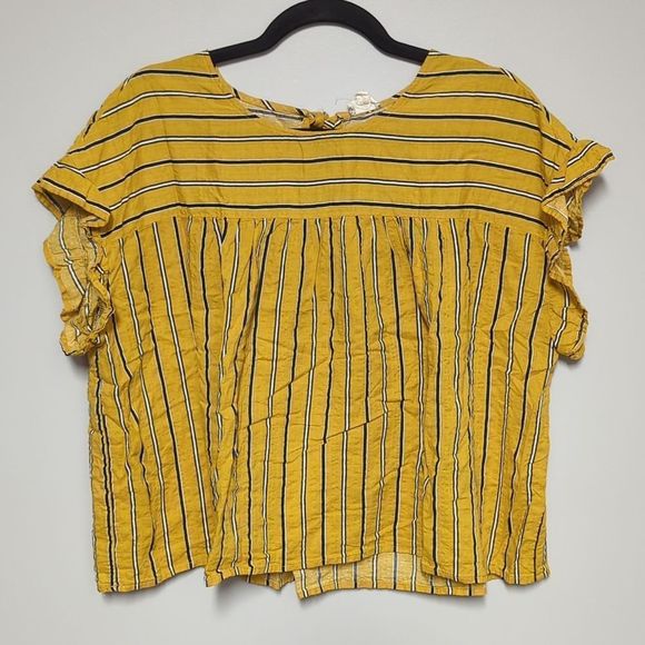 Hem & Thread Yellow and Blue Striped Short Sleeve Blouse - Picture 1 of 7